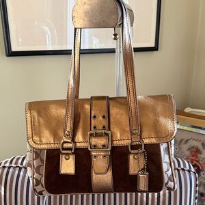 Vintage Y2K Coach signature print metallic suede flap satchel 1498 soho hampton